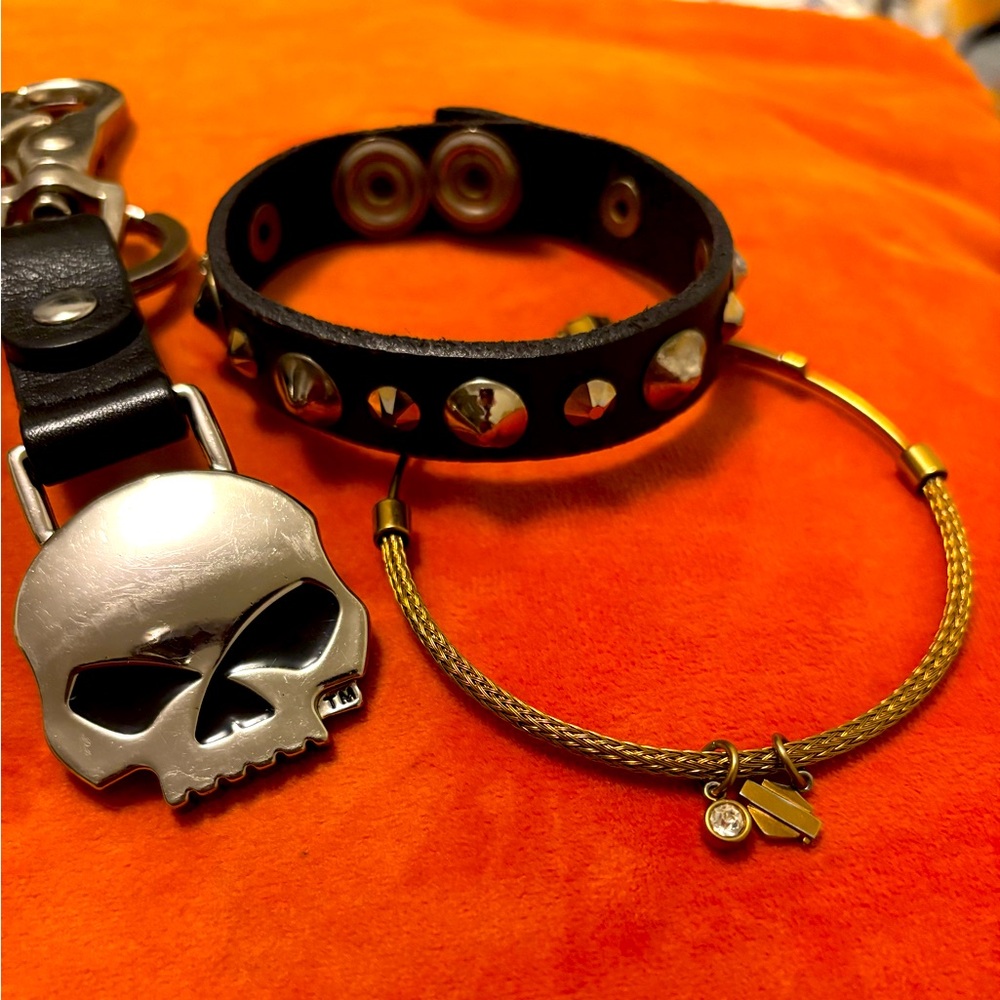 Harley Davidson. Gold charm bangle,leather stud bracelet,bottle opener keychain.